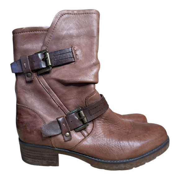 Earth Talus Almond Brown Leather Zip Buckle Moto Mid Boots Womens Size 8.5B - Picture 2 of 7